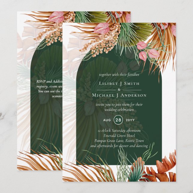 BOHO Tropical Pampas Grass Wedding Invitation (Front/Back)