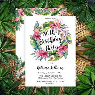 Boho Tropical Pink Floral 80th Birthday Party Invitation