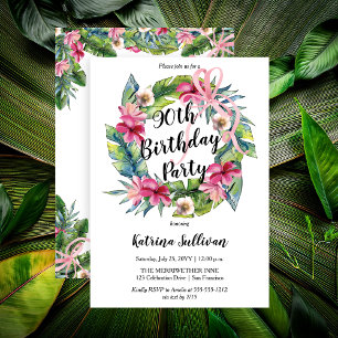 Boho Tropical Pink Floral 90th Birthday Party Invitation