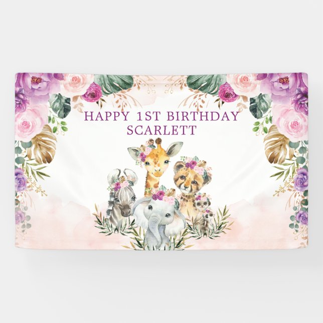 Boho Tropical Safari Jungle Floral Happy Birthday Banner (Horizontal)
