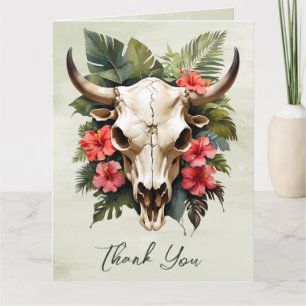 Boho Tropical Watercolor Floral Cow Skull Wedding Thank You Card