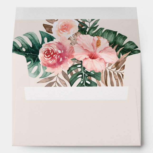 Boho Tropical Watercolor Leaves Cream Wedding  Envelope (Back (Bottom))