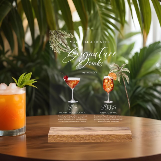 Boho Tropical Watercolor Signature Boissons Mariag (Boho Tropical Watercolor Signature Drinks Wedding Acrylic Sign)