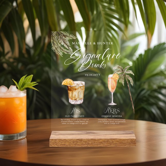Boho Tropical Watercolor Signature Boissons Mariag (Boho Tropical Watercolor Signature Drinks Wedding Acrylic Sign)