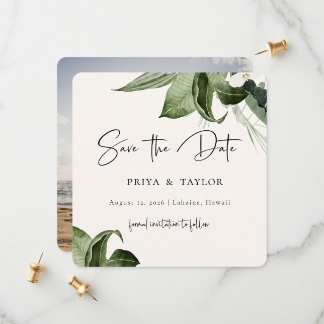 Boho Tropics Save The Date Photo Card (Front/Back In Situ)