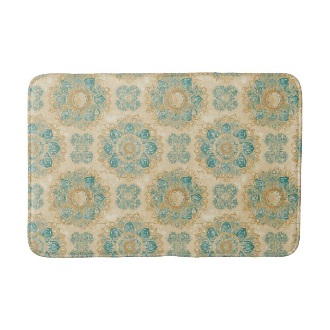 Boho Turquoise and Sand Beige Mandala Bath Mat (Front)