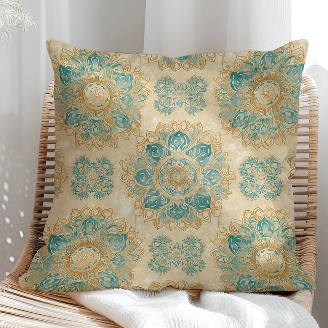 Boho Turquoise and Sand Beige Mandala Throw Pillow (Boho Turquoise and Sand Beige Mandala Throw Pillow on a sunny boho rattan chair.)
