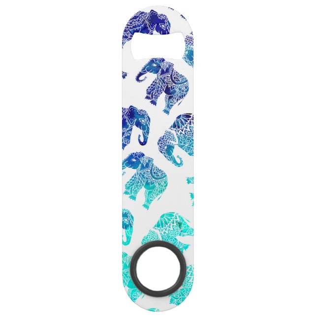 Boho turquoise blue ombre watercolor elephants speed bottle opener (Front)