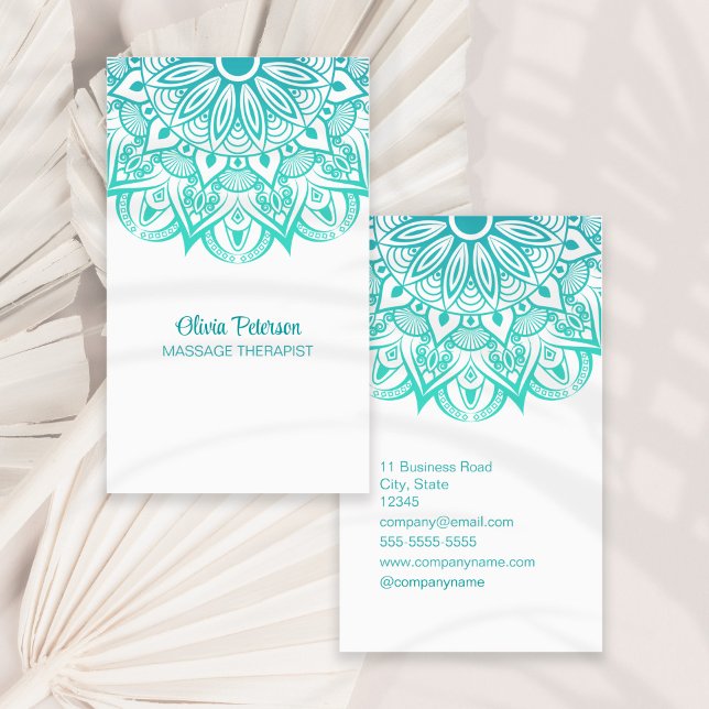 Boho Turquoise Mandala Massage Therapist Business Card (Boho Turquoise Mandala Massage Therapist Business Card on a sunny neutral dry palm leaf.)