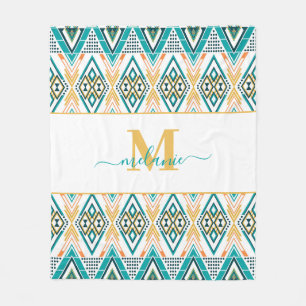 Boho Turquoise Mustard Ethnic Abstract Monogram Fleece Blanket