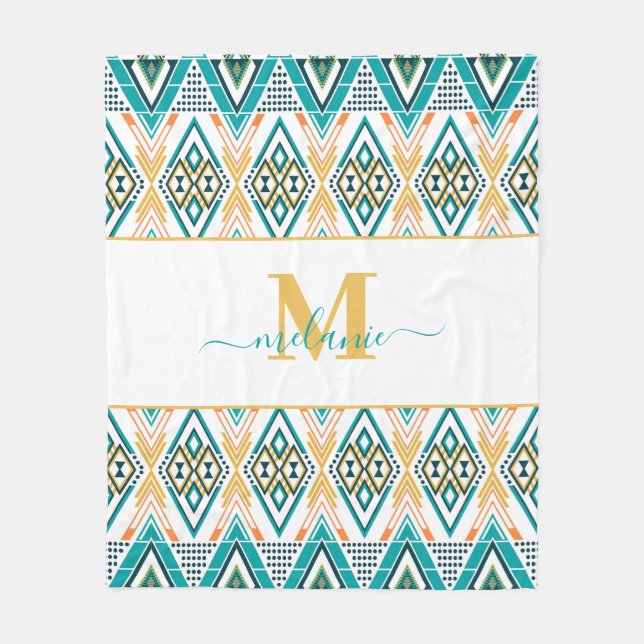 Boho Turquoise Mustard Ethnic Abstract Monogram Fleece Blanket (Front)