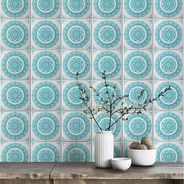 Boho Turquoise teal blue Mandala flower Tile (Creator Uploaded)