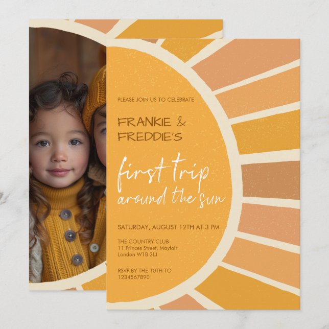 Boho Twins First Trip Around Sun Photo 1 Birthday Invitation (Front/Back)
