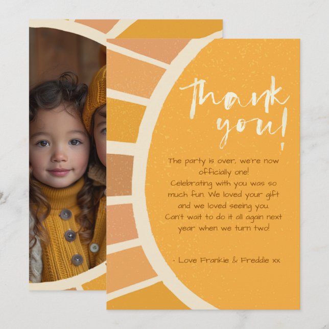 Boho Twins First Trip Around Sun Photo 1 Birthday Thank You Card (Front/Back)