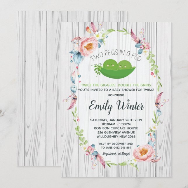 Boho Two Peas in a Pod Twins Baby Shower Invitation (Front/Back)