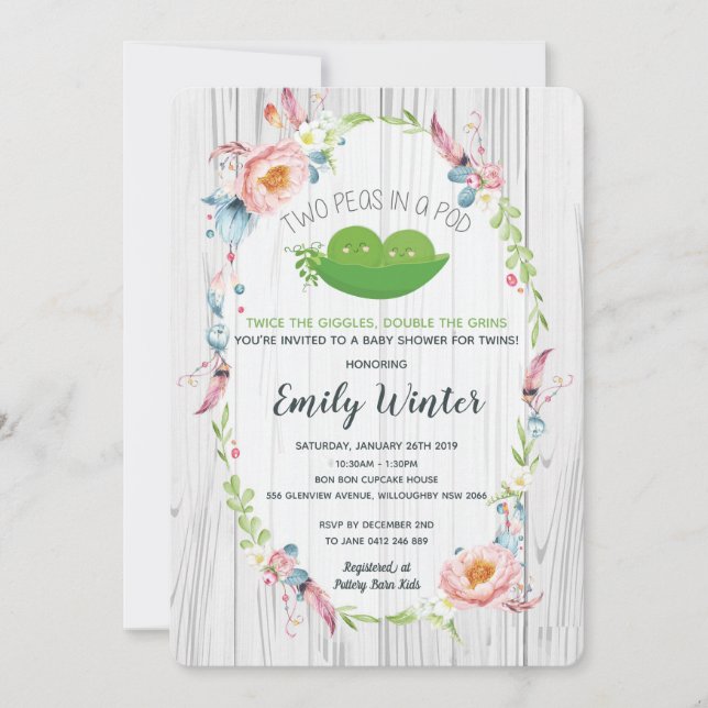 Boho Two Peas in a Pod Twins Baby Shower Invitation (Front)