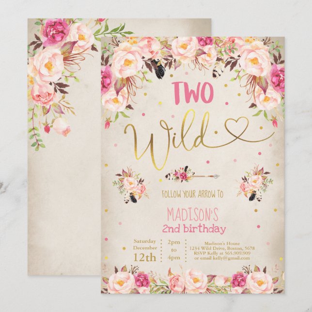 Boho Two Wild Birthday Invitation Aquarelle Boho (Devant / Derrière)