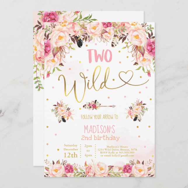 Boho Two Wild Birthday Invitation Aquarelle Boho (Devant / Derrière)