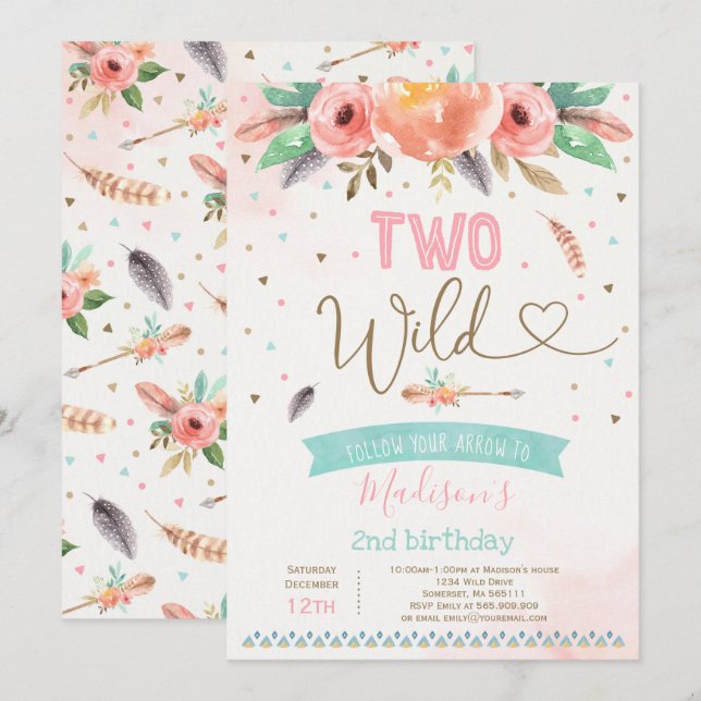 Boho Two Wild Birthday Invitation Watercolor Boho (Front/Back)