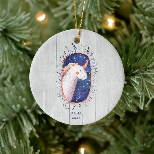 Boho Unicorn Illustration Personalized Girl's Name Ceramic Ornament (Tree)