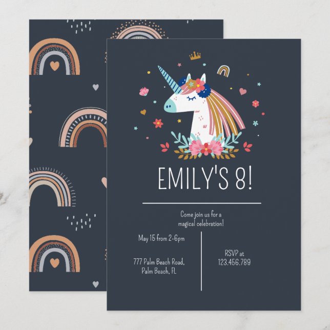 Boho Unicorn Modern Navy Girls Cute Birthday Invitation (Front/Back)