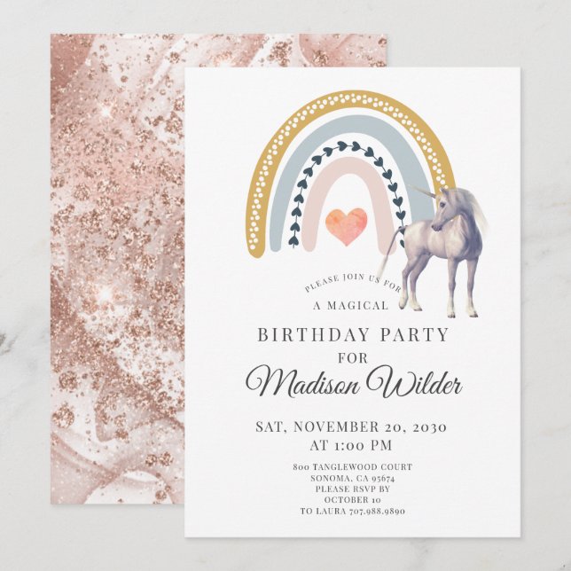Boho Unicorn Rainbow Invitation d'anniversaire (Devant / Derrière)