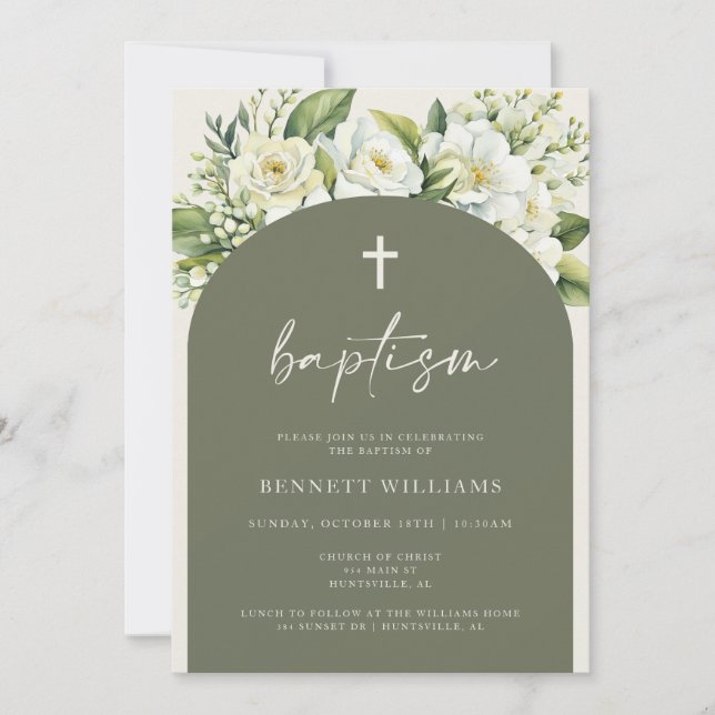 Boho verdure et fleurs Baptême Invitation (Devant)
