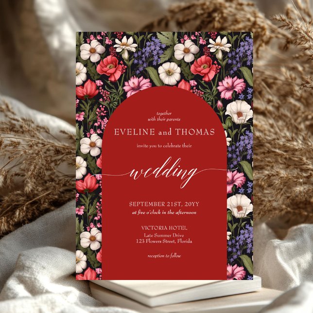 Boho vibrant colourful wild flowers floral invitation (Trendy spring vibrant colorful wild flowers wedding invitation)