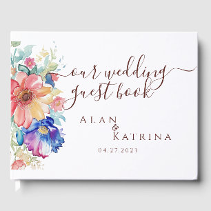Boho Vibrant Flowers Wedding Guest Book Romantic