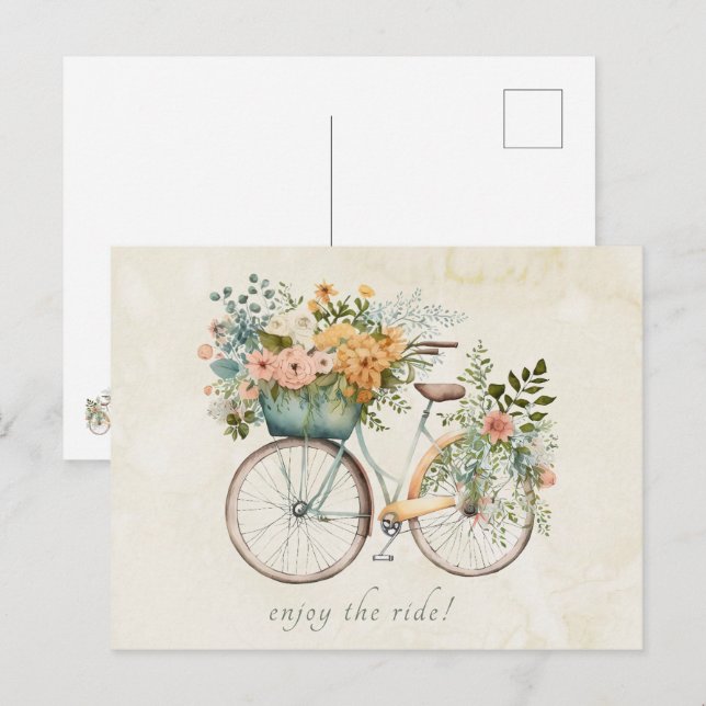 Boho Vintage Bicycle with Flower Basket Postcard (Front/Back)