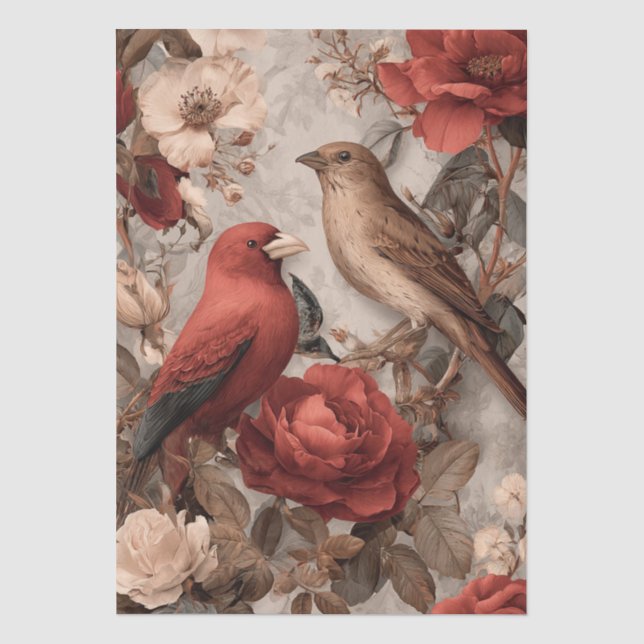 Boho Vintage Birds & Florals Tissue Paper (Front)