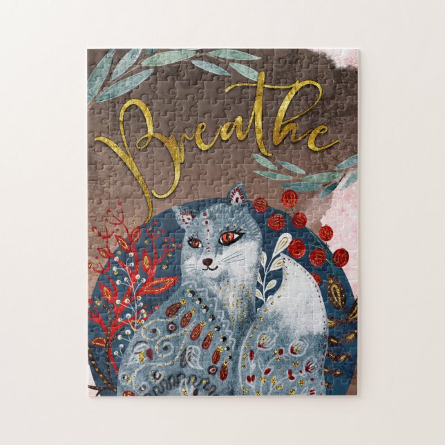 Boho Vintage Cat - Remember to Breathe Jigsaw Puzzle (Vertical)