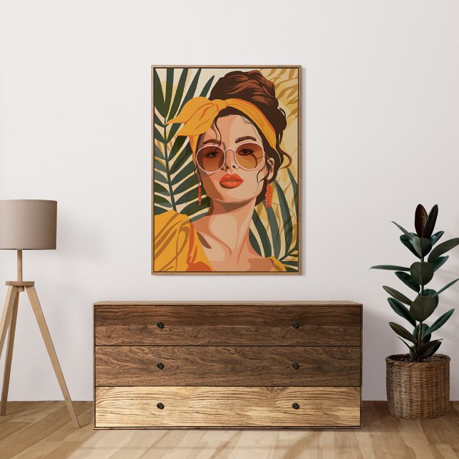 Boho Vintage Feminine Summer Portrait Art Poster (Boho Vintage Feminine Summer Portrait Art Poster in a neutral boho living room.)