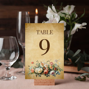 Boho vintage floral arrangement old paper table number
