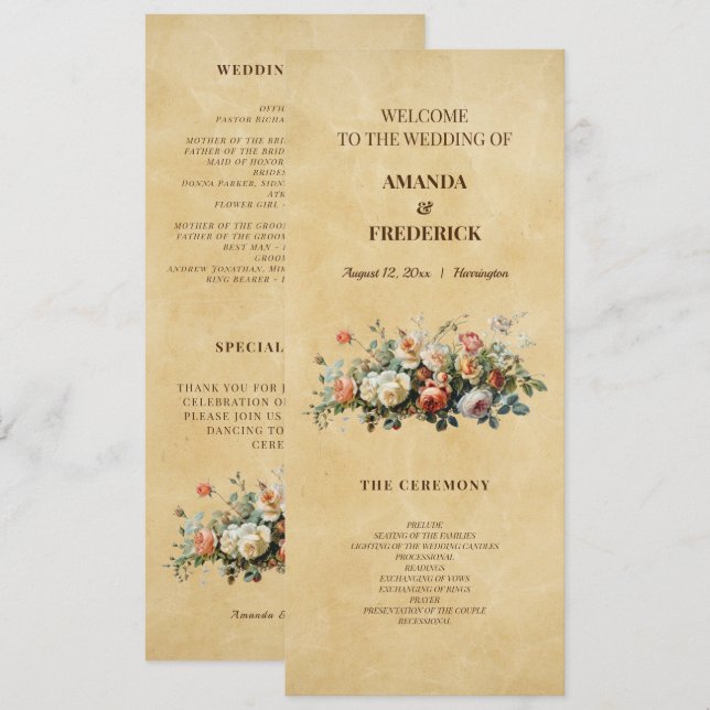 Boho vintage floral arrangement wedding program  (Front/Back)
