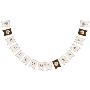 Boho Vintage Floral Beige Welcome Baby Shower Bunting Flags