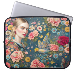 Boho Vintage Floral Collage with Woman Laptop Sleeve