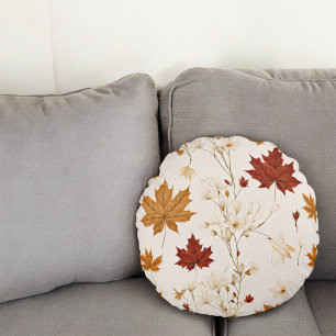 Boho Vintage Maple Leaves Winter Floral Pattern Round Pillow