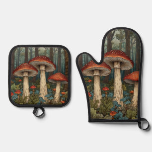 Boho vintage mushrooms woodland forest oven mitt & pot holder set