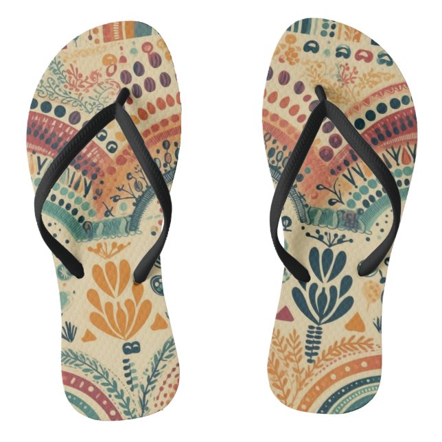 Boho Vintage Rainbow and Leaves Flip Flops (Footbed)