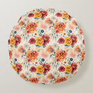 Boho vintage roses and feathers floral pattern round pillow