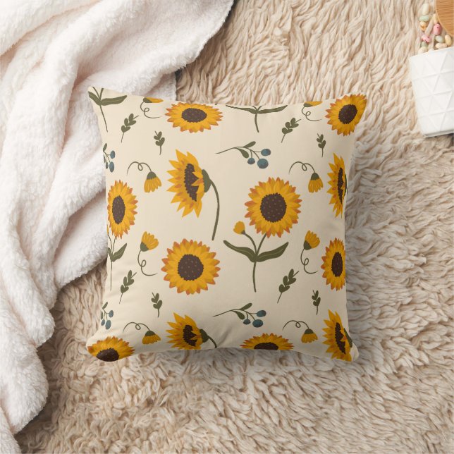 Boho Vintage Sunflower & Berries Pattern Throw Pil Pillow (Blanket)