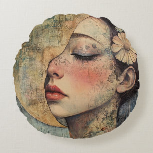 Boho Vintage Woman and Half Moon Round Pillow