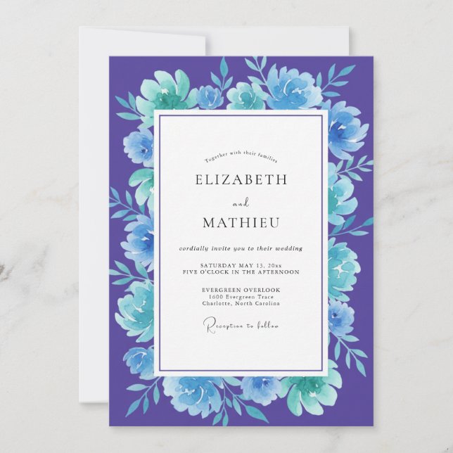 Boho Violet Turquoise Bloom Wedding Invitation (Front)