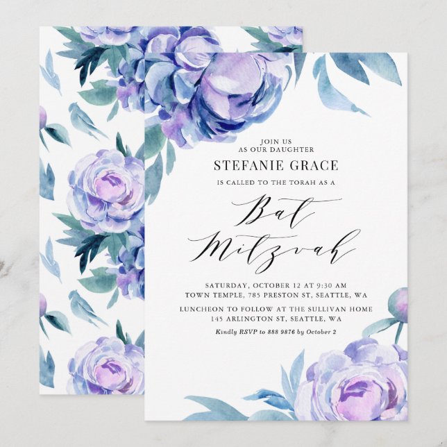 Boho Violet Watercolor Peonies Floral Bat Mitzvah Invitation (Front/Back)