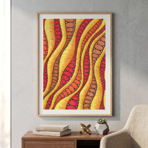 Boho Warm Red Orange Earthy Abstract Wavy Pattern Poster