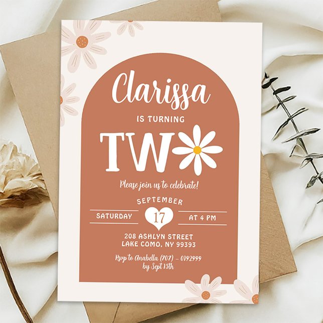 Boho Warm Tone Arch 70's Daisy Second Birthday Invitation (Creator Uploaded)