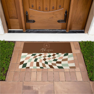 Boho Warped Chequerboard Personalized Monogram Doormat