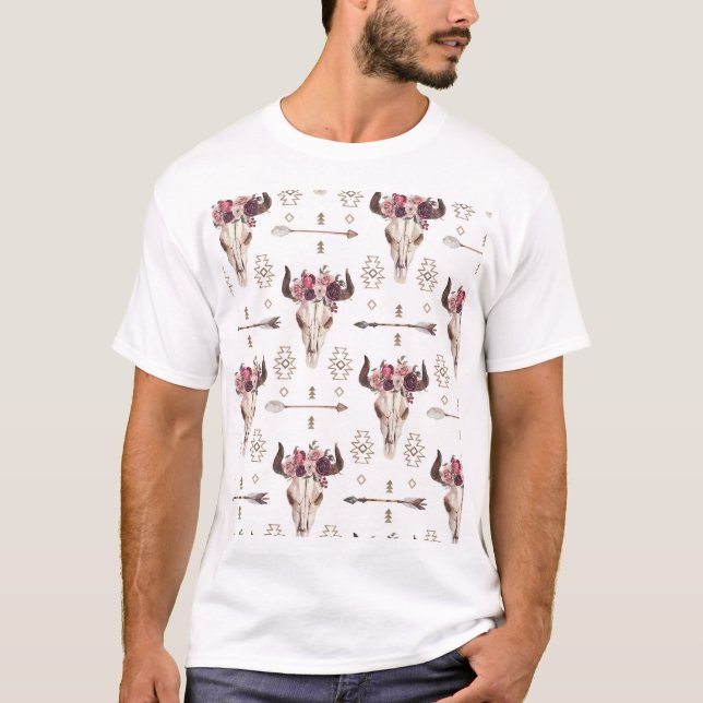 Boho watercolor: arrows, skull pattern. T-Shirt (Front)