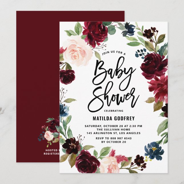Boho Watercolor Autumn Floral Wreath Baby Shower Invitation (Front/Back)